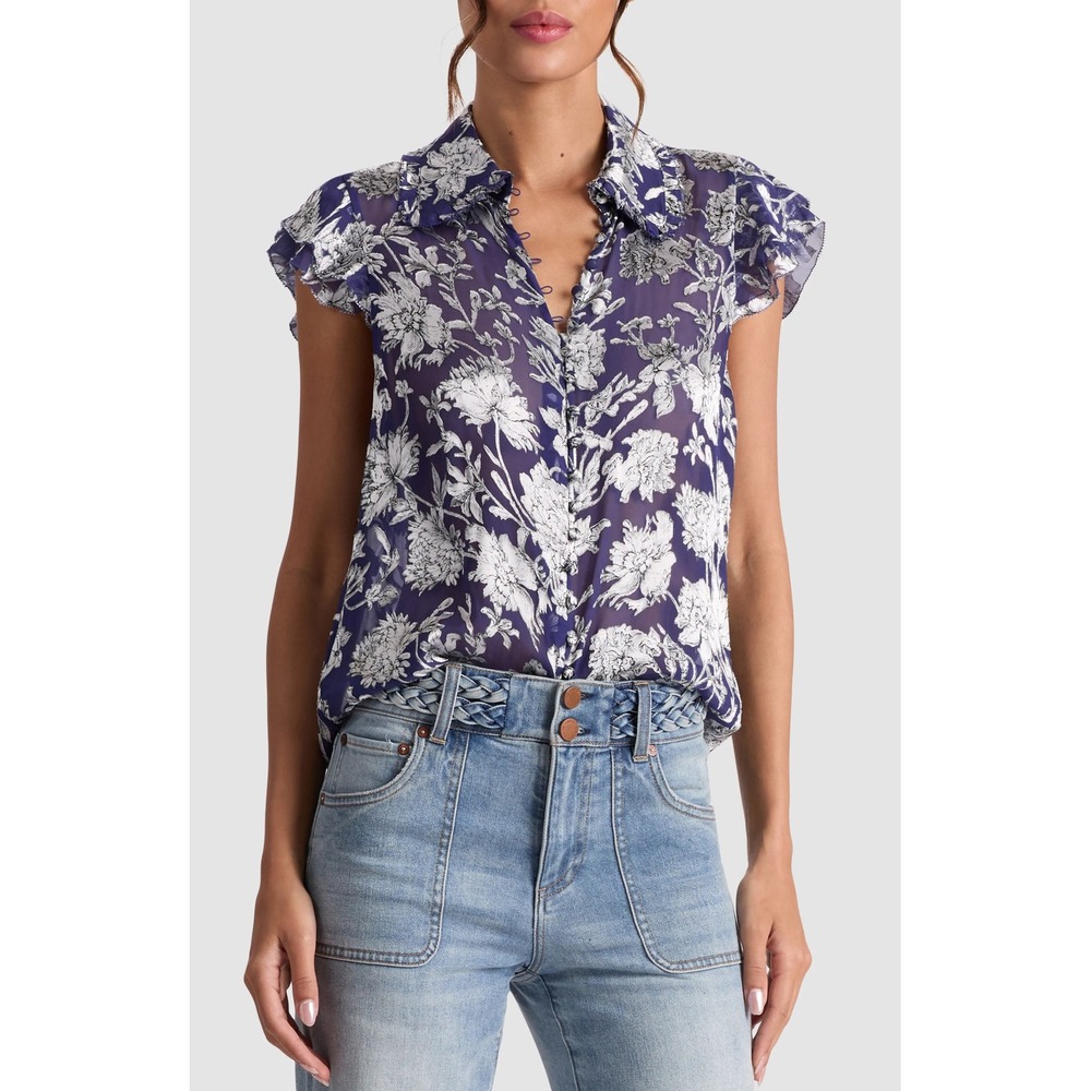 Alice + Olivia Layered Ruffle Sleeve Shirt Blouse Navy Blue Floral Silk Small